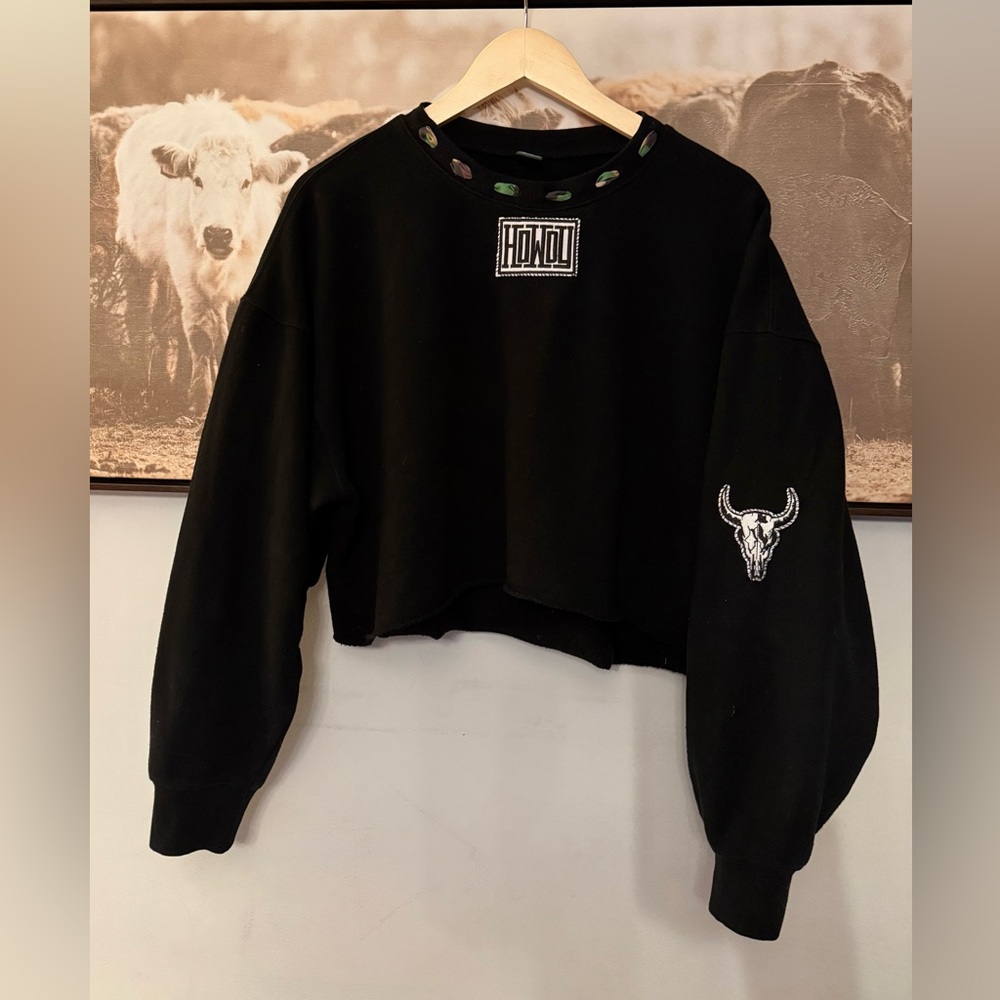 Camo and patch sewn reworked cropped sweater!